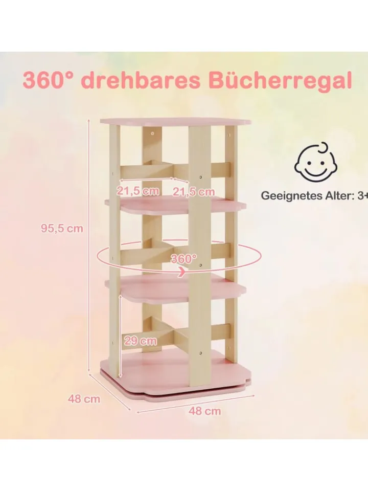 COSTWAY Kindermöbel<Kinder Bücherregal 360° drehbar in Rosa