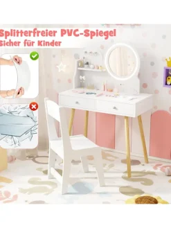 COSTWAY Schmuckkästen<Kinder Schminktisch Set mit Beleuchtung ab 3 Jahren in Weiß