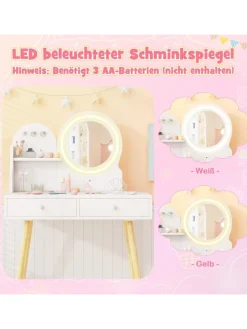 COSTWAY Schmuckkästen<Kinder Schminktisch Set mit Beleuchtung ab 3 Jahren in Weiß