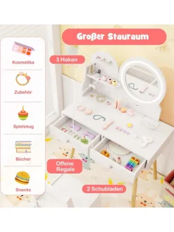 COSTWAY Schmuckkästen<Kinder Schminktisch Set mit Beleuchtung ab 3 Jahren in Weiß