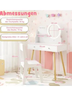 COSTWAY Schmuckkästen<Kinder Schminktisch Set mit Beleuchtung ab 3 Jahren in Weiß