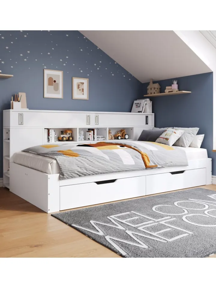 ABRIHOME Betten & Matratzen<Kinderbett in Weiß mit Schubladen Regal und Bettkasten 90x200 cm ohne Matratze