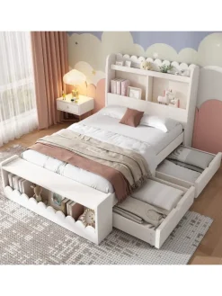ABRIHOME Betten & Matratzen<Kinderbett in Weiß mit Stauraum Sitzbank und Regal 90x190 cm ohne Matratze