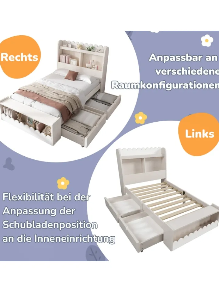 ABRIHOME Betten & Matratzen<Kinderbett in Weiß mit Stauraum Sitzbank und Regal 90x190 cm ohne Matratze