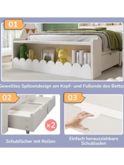 ABRIHOME Betten & Matratzen<Kinderbett in Weiß mit Stauraum Sitzbank und Regal 90x190 cm ohne Matratze