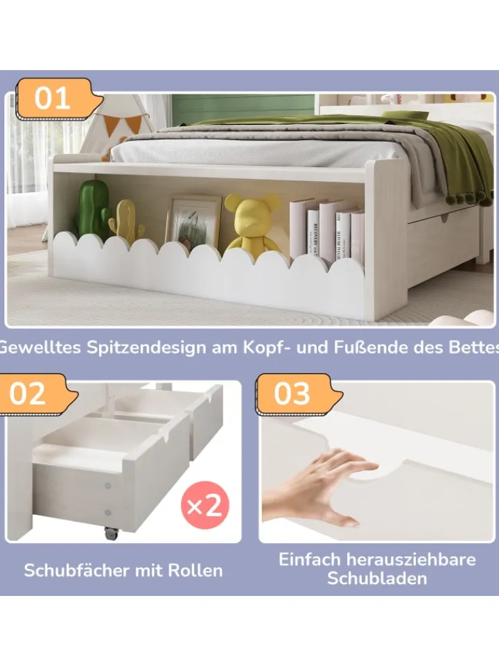 ABRIHOME Betten & Matratzen<Kinderbett in Weiß mit Stauraum Sitzbank und Regal 90x190 cm ohne Matratze
