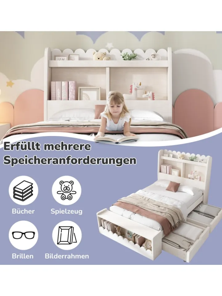 ABRIHOME Betten & Matratzen<Kinderbett in Weiß mit Stauraum Sitzbank und Regal 90x190 cm ohne Matratze