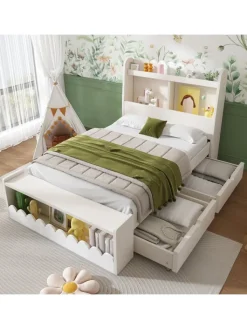ABRIHOME Betten & Matratzen<Kinderbett in Weiß mit Stauraum Sitzbank und Regal 90x190 cm ohne Matratze