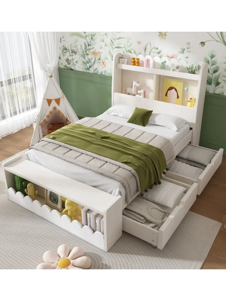 ABRIHOME Betten & Matratzen<Kinderbett in Weiß mit Stauraum Sitzbank und Regal 90x190 cm ohne Matratze