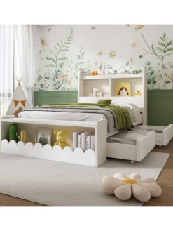 ABRIHOME Betten & Matratzen<Kinderbett in Weiß mit Stauraum Sitzbank und Regal 90x190 cm ohne Matratze