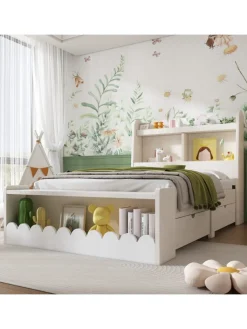 ABRIHOME Betten & Matratzen<Kinderbett in Weiß mit Stauraum Sitzbank und Regal 90x190 cm ohne Matratze