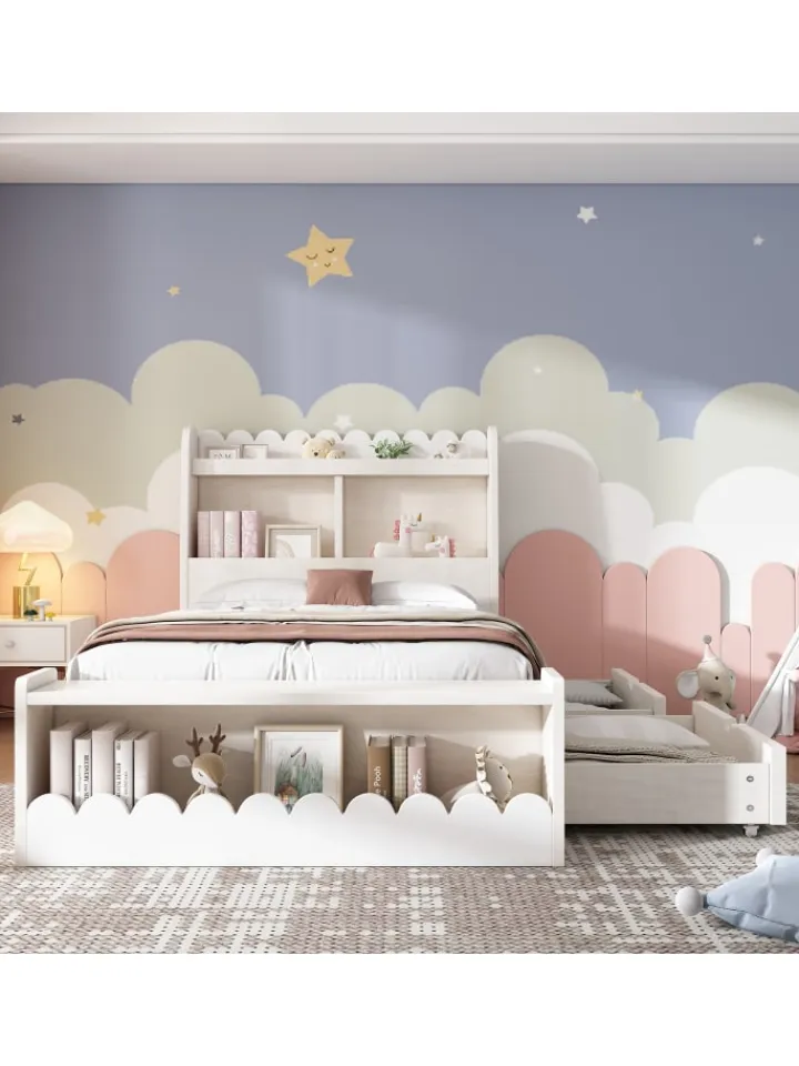 ABRIHOME Betten & Matratzen<Kinderbett in Weiß mit Stauraum Sitzbank und Regal 90x190 cm ohne Matratze