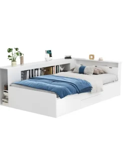 ABRIHOME Betten & Matratzen<Kinderbett in Weiß 90x200 cm mit Schubladen Regal und Bettkasten ohne Matratze