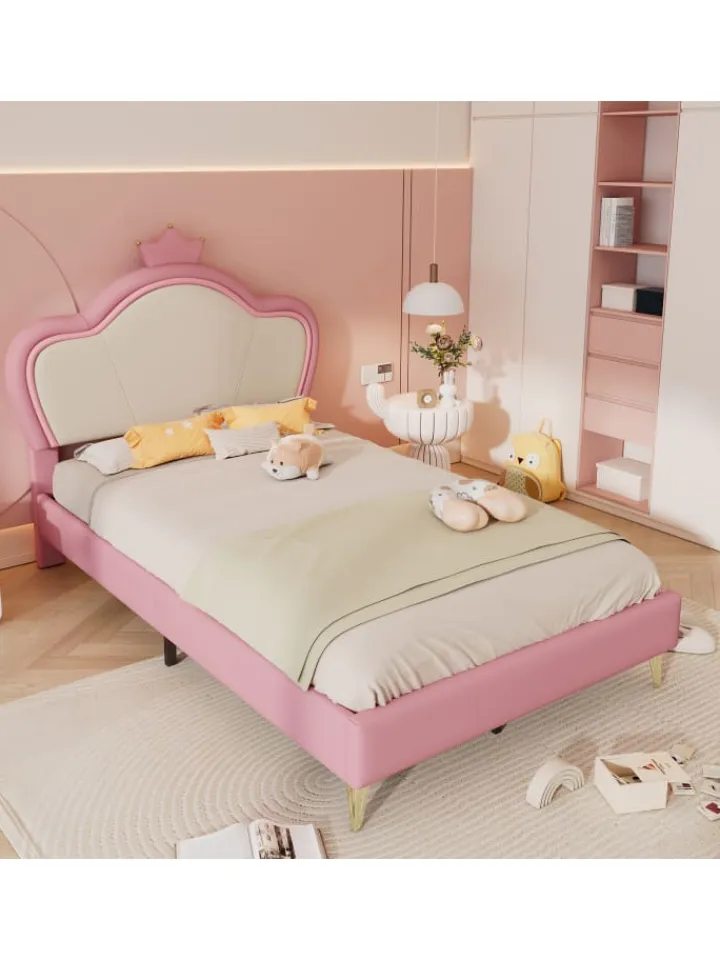 ABRIHOME Betten & Matratzen<Kinderbett Kopfteil mit Krone in Rosa und Weiß, 90x200cm