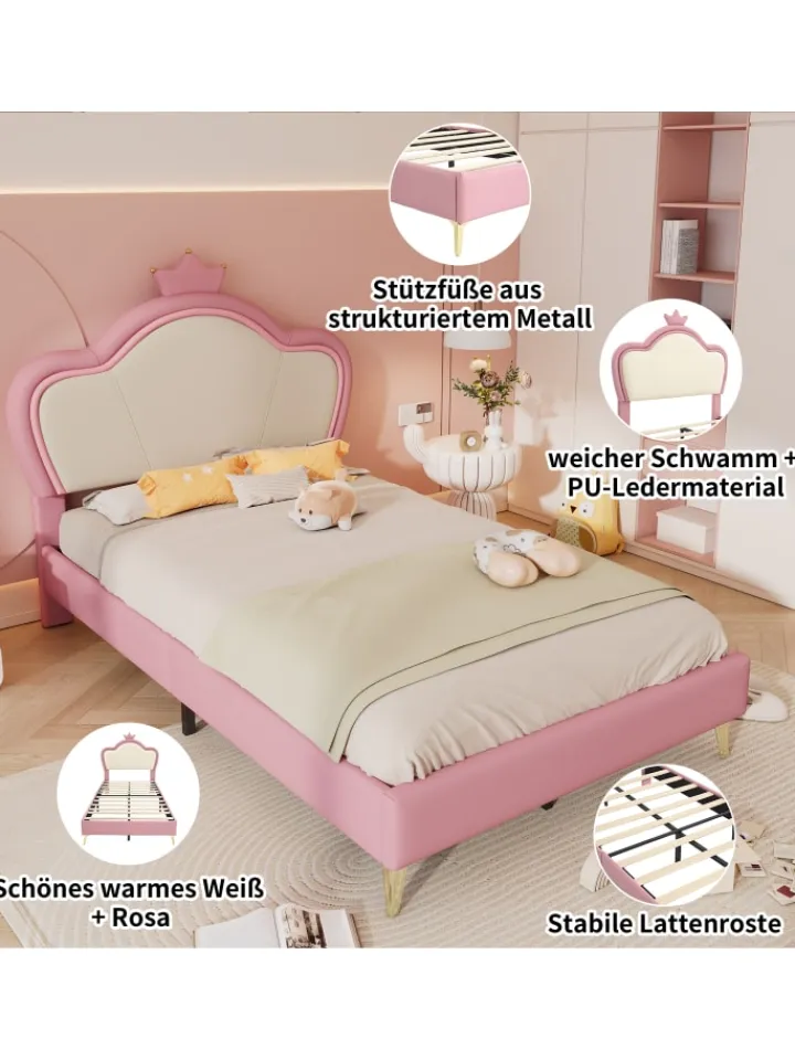 ABRIHOME Betten & Matratzen<Kinderbett Kopfteil mit Krone in Rosa und Weiß, 90x200cm