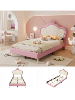 ABRIHOME Betten & Matratzen<Kinderbett Kopfteil mit Krone in Rosa und Weiß, 90x200cm
