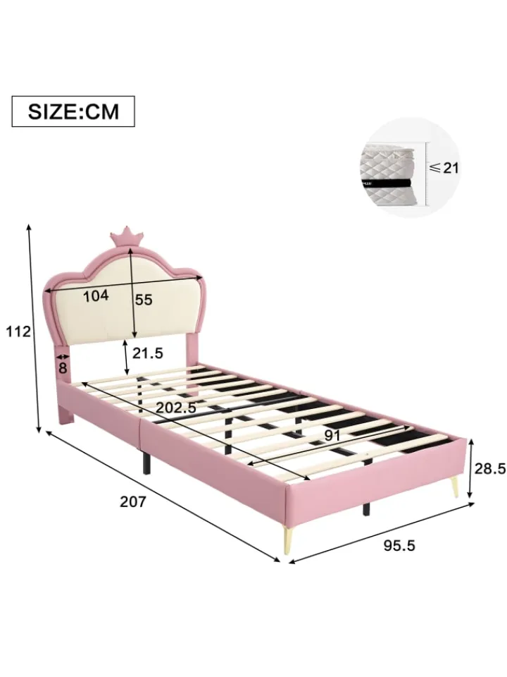 ABRIHOME Betten & Matratzen<Kinderbett Kopfteil mit Krone in Rosa und Weiß, 90x200cm