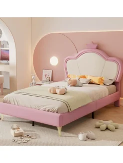 ABRIHOME Betten & Matratzen<Kinderbett Kopfteil mit Krone in Rosa und Weiß, 90x200cm