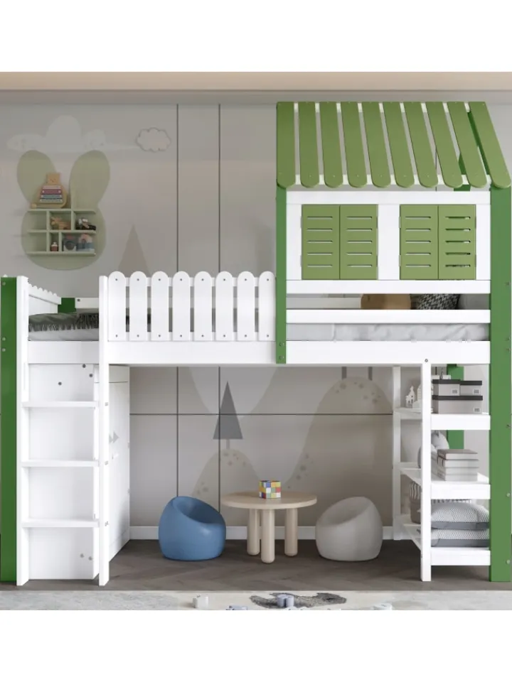 ABRIHOME Betten & Matratzen<Kinderbett mit Fallschutzgitter und Kleiderschrank in Weiß+Grün, 90x200