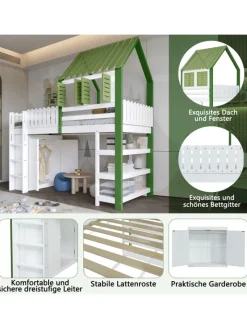 ABRIHOME Betten & Matratzen<Kinderbett mit Fallschutzgitter und Kleiderschrank in Weiß+Grün, 90x200