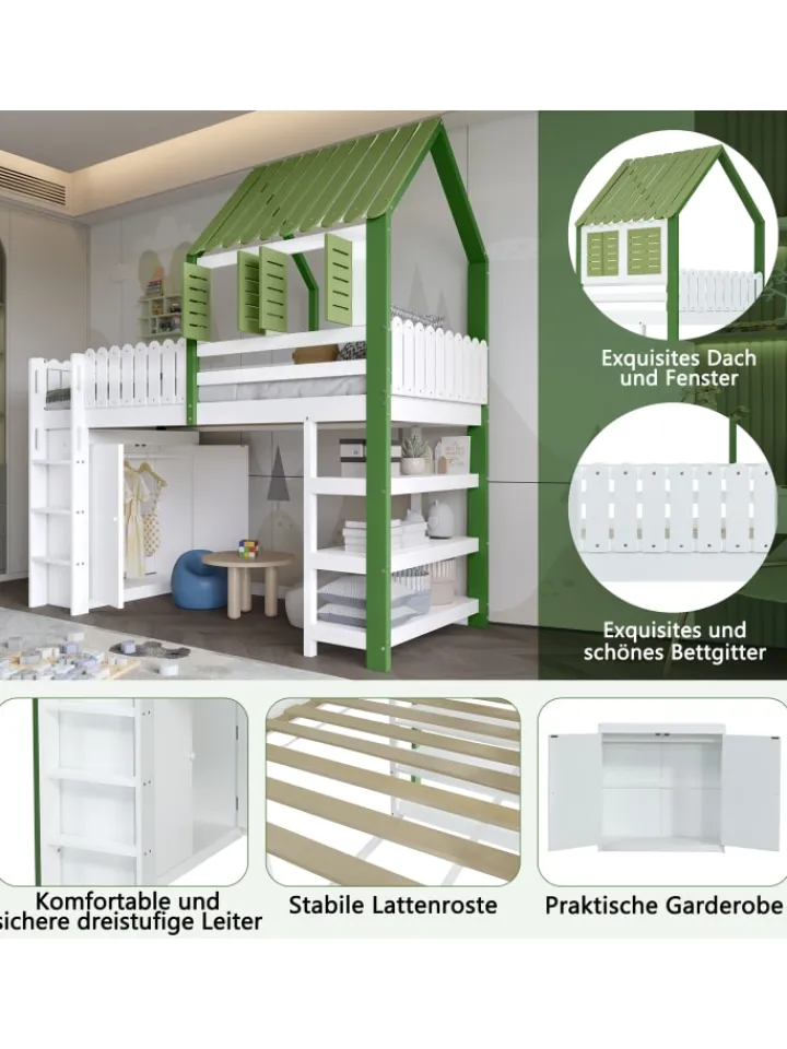 ABRIHOME Betten & Matratzen<Kinderbett mit Fallschutzgitter und Kleiderschrank in Weiß+Grün, 90x200