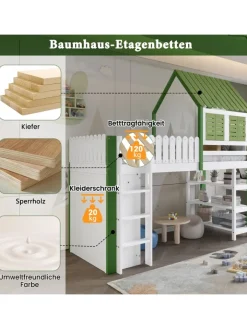 ABRIHOME Betten & Matratzen<Kinderbett mit Fallschutzgitter und Kleiderschrank in Weiß+Grün, 90x200