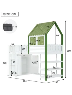ABRIHOME Betten & Matratzen<Kinderbett mit Fallschutzgitter und Kleiderschrank in Weiß+Grün, 90x200
