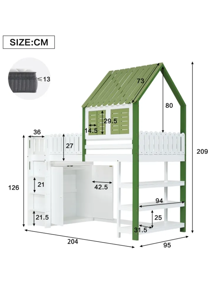 ABRIHOME Betten & Matratzen<Kinderbett mit Fallschutzgitter und Kleiderschrank in Weiß+Grün, 90x200