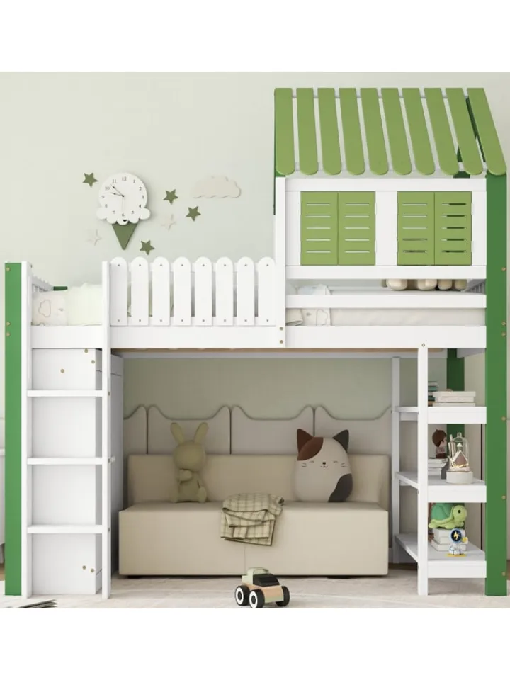 ABRIHOME Betten & Matratzen<Kinderbett mit Fallschutzgitter und Kleiderschrank in Weiß+Grün, 90x200