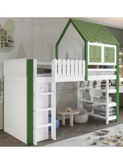 ABRIHOME Betten & Matratzen<Kinderbett mit Fallschutzgitter und Kleiderschrank in Weiß+Grün, 90x200