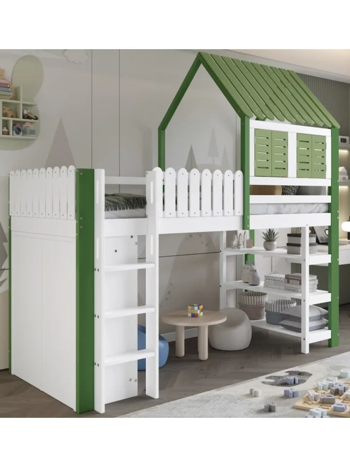 ABRIHOME Betten & Matratzen<Kinderbett mit Fallschutzgitter und Kleiderschrank in Weiß+Grün, 90x200