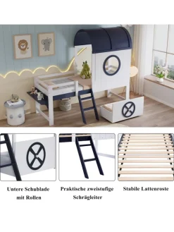 ABRIHOME Betten & Matratzen<Kinderbett mit Rollenschublade und zweistufiger Schrägleiter, 90x200cm