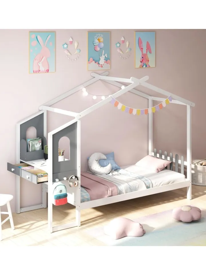 COSTWAY Betten & Matratzen<Kinderbett 90x200cm mit Dach & Schreibtisch in Weiß