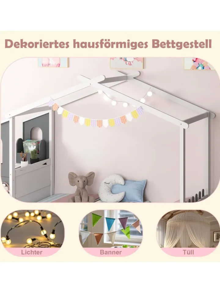 COSTWAY Betten & Matratzen<Kinderbett 90x200cm mit Dach & Schreibtisch in Weiß