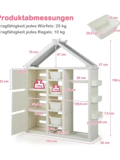 COSTWAY Kindermöbel|Regale & Schränke<Kinderregal in Hausform mit Kleiderstange in Weiß