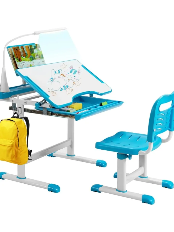 COSTWAY Kindermöbel<Kinderschreibtisch Set mit Licht ab 4 Jahren in Blau