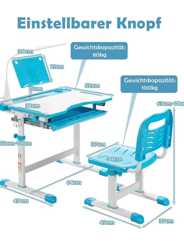 COSTWAY Kindermöbel<Kinderschreibtisch Set mit Licht ab 4 Jahren in Blau