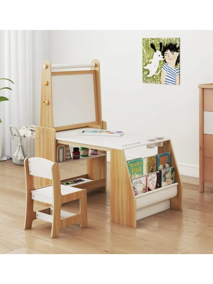COSTWAY Kindermöbel|Möbel-Sets<Kindertisch mit Stuhl & Staffelei in Hellbraun