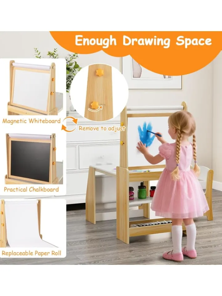 COSTWAY Kindermöbel|Möbel-Sets<Kindertisch mit Stuhl & Staffelei in Hellbraun