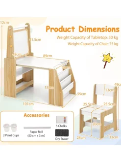 COSTWAY Kindermöbel|Möbel-Sets<Kindertisch mit Stuhl & Staffelei in Hellbraun