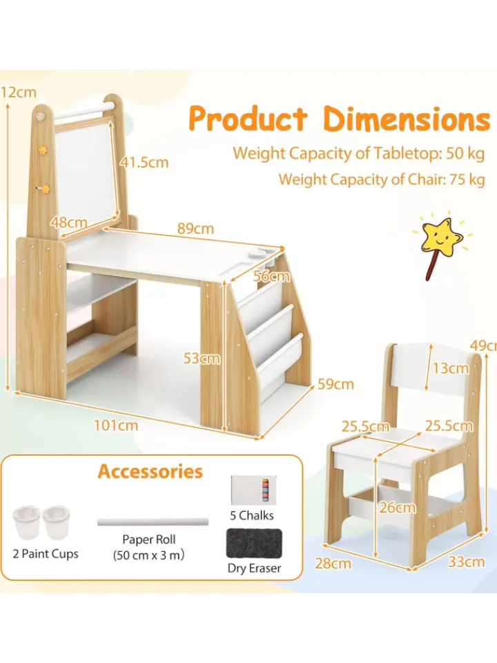 COSTWAY Kindermöbel|Möbel-Sets<Kindertisch mit Stuhl & Staffelei in Hellbraun