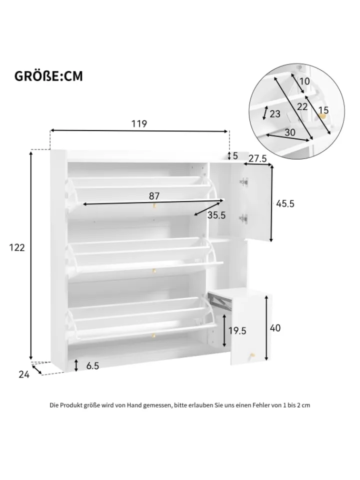 ABRIHOME Garderoben<Kipp-Schuhschrank in Weiß mit 3 Klappschubladen und Sitzbank 119x24x122 cm