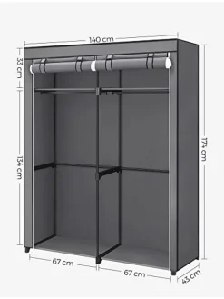 SONGMICS Regale & Schränke<Kleiderschrank in Grau - (B)140 x (H)174 x (T)43 cm