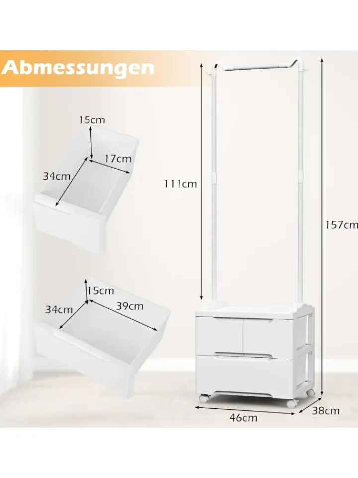 COSTWAY Garderoben|Regale & Schränke<Kleiderständer mit 3 Schubladen in Weiß