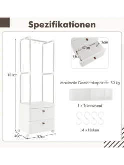 COSTWAY Garderoben|Regale & Schränke<Kleiderständer mit 2 Schubladen 52 x 40 x 161 cm in Weiß