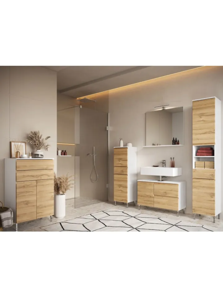 KADIMA DESIGN Badmöbel<Kommode mit Schubladen, 60x34x97 cm, Badezimmerschrank, Weiß/Braun