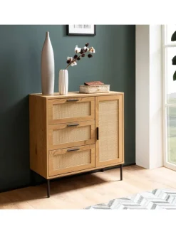 KADIMA DESIGN Regale & Schränke<Kommode 80x82x36 cm Flurkommode Eiche-Dekor & Rattan, Sideboard mit