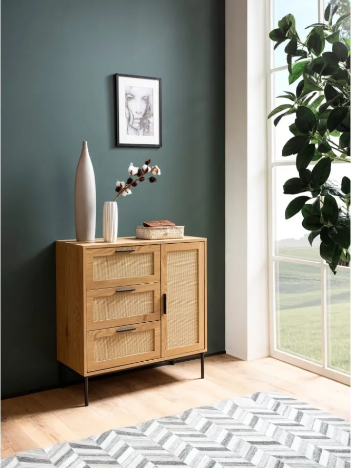 KADIMA DESIGN Regale & Schränke<Kommode 80x82x36 cm Flurkommode Eiche-Dekor & Rattan, Sideboard mit