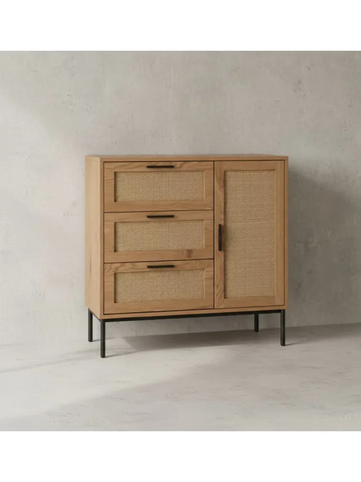 KADIMA DESIGN Regale & Schränke<Kommode 80x82x36 cm Flurkommode Eiche-Dekor & Rattan, Sideboard mit