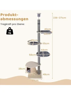 COSTWAY Katzen<Kratzbaum deckenhoch mit Höhle 236-271 cm in Grau